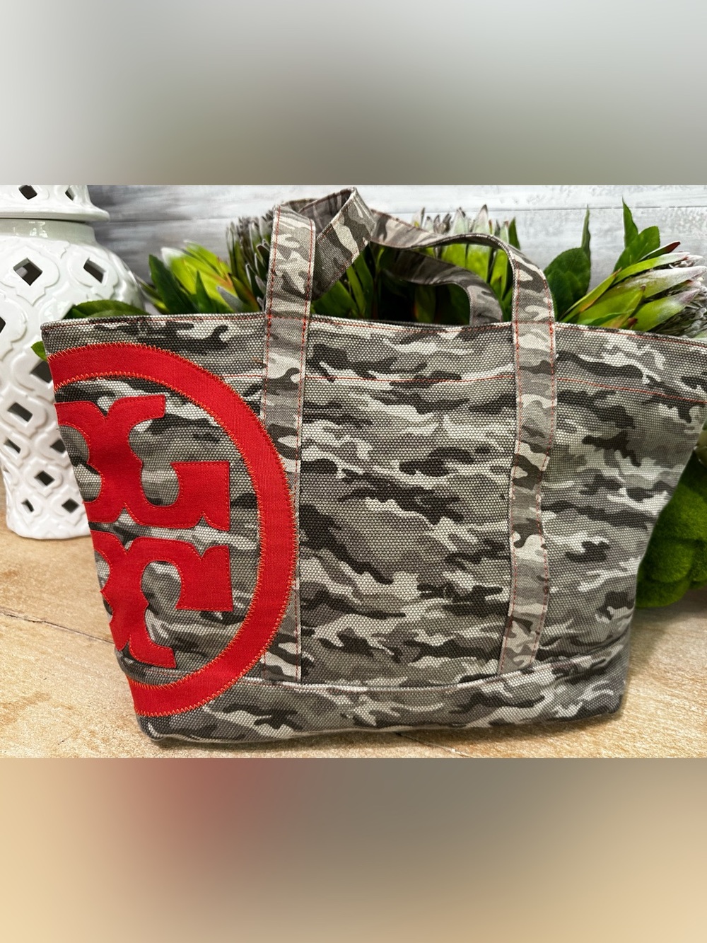 Tory Burch Camo Canvas Tote Bag Red Logo